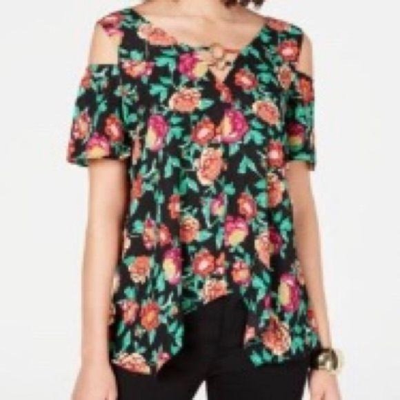 Thalia Sodi Cold Shoulder Top Green Floral Size Small Womens Spring Summer Fall - Picture 1 of 5